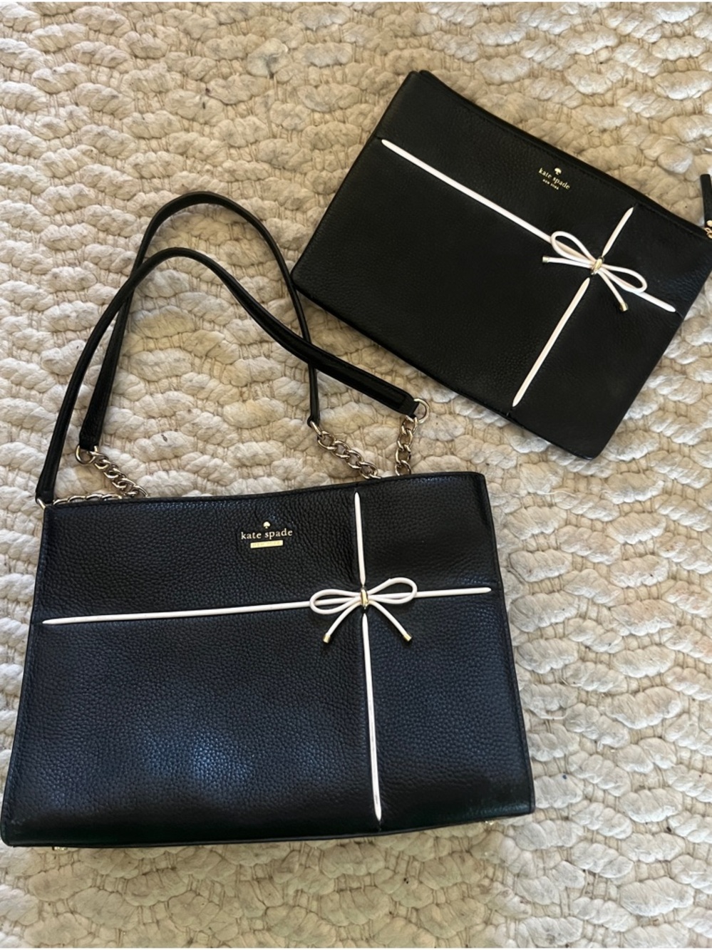 kate spade Black Leather Tote with White Bow Trim and Matching Pouch